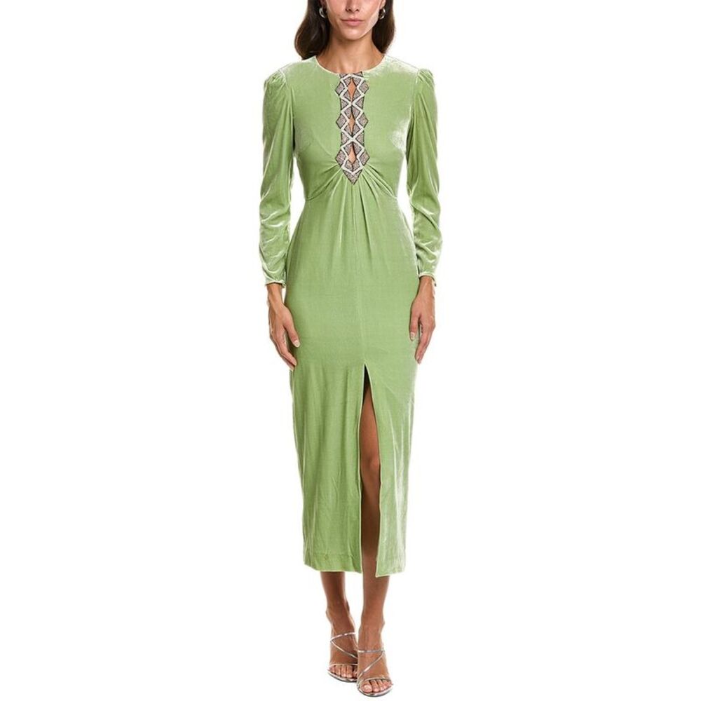 Saloni Womens  Jinx Stretch Velvet Silk-Blend Midi Dress, Green
